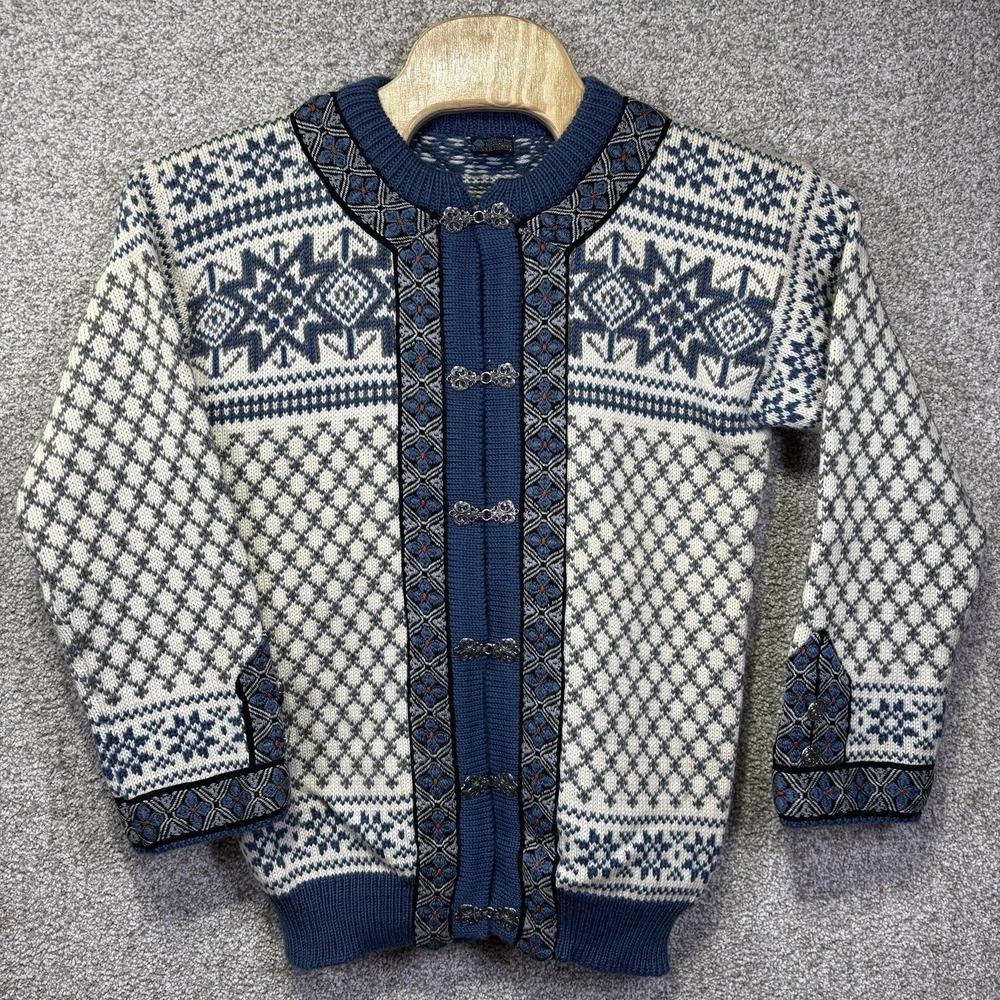 Dale Of Norway Sweater Mens 52 Blue Wool Fair Isle Ski Cardigan Norwegian Knit